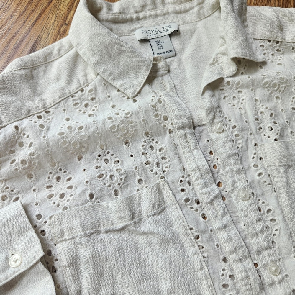 Rachel Zoe Cotton Linen Rayon Eyelet Ivory Button Blouse Size L Pointelle Boho